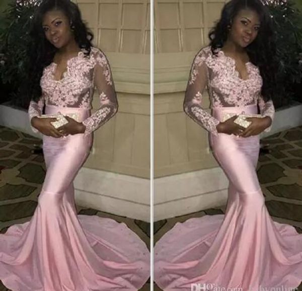 

2021 couple fashion black girls sheer long sleeves prom dresses modern mermaid appliqued pink evening party gowns stretchy train, Black;red