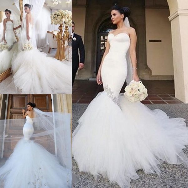 

simple design mermaid wedding dresses 2016 sweetheart beaded tulle sweep train beach bridal gowns backless wedding dresses custom made, White