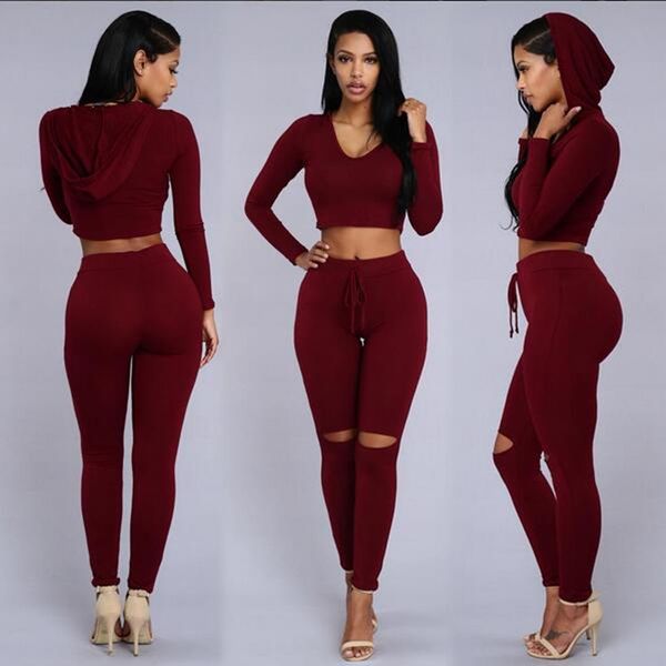 

women two piece outfits pants 2016 spring long sleeve ripped bodycon rompers and jumpsuits casual red black hooded jumpsuits, Black;white