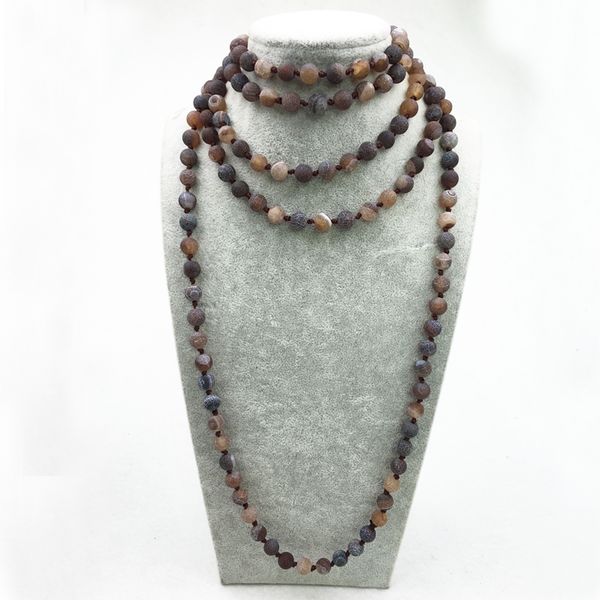 

st0314 long agate necklace 72 inch length knotted agate necklace coffee frosted cracked agate knotted necklace, Silver