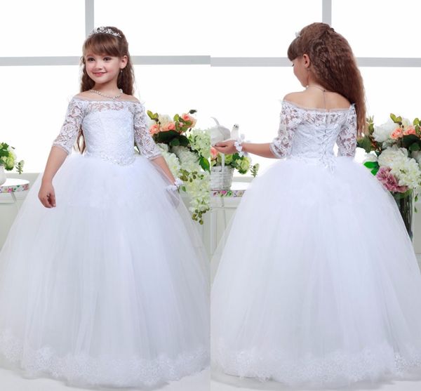 Cute Princess Flower Girls Dresses Per Matrimoni Off Mezze maniche in pizzo Applique Ragazze Pageant Dress Back Lace-up Tiered Abiti da festa