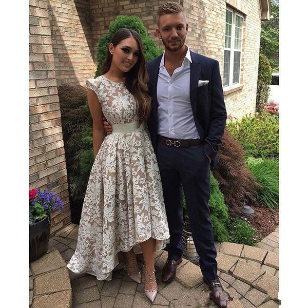 

white lace high low prom dresses 2017 cap sleeve champagne lining a line evening gowns girls formal party graduation dresses, Black
