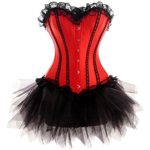 Tallas grandes Halloween Navidad Discoteca Corsé de encaje de novia rojo con falda de tutú en capas de malla Traje de baile Traje de corsé de baile de mujer