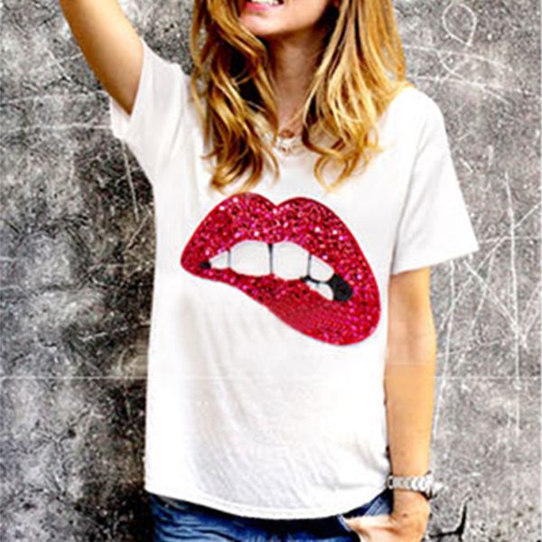 

wholesale-casual shirt blusas femininas mouth sequins t-shirt summer style shirts women *10, White