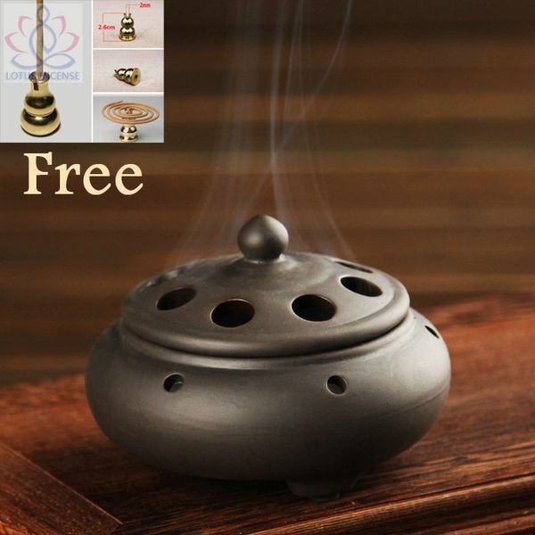 Atacado- Chinês Cerâmica Incenso Queimador Handmade Burner Antique Sandalwood Forno com um titular de incenso de latão Decoração de casa frete grátis