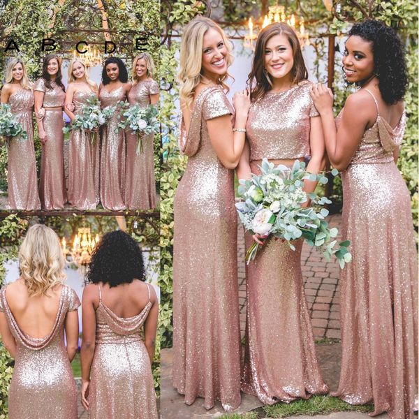 

sparkly rose gold mermaid bridesmaid dresses 2019 short sleeves backless long beach sequins maid of honor bridesmaid gowns, White;pink