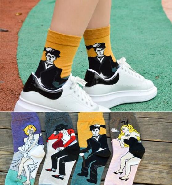 

Art Style Socks Women MEN 100% Cotton Vintage Marilyn Monroe Michael Jackson Chaplin Bunny Girl Socking Lovers Middle tube socks