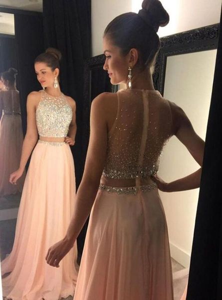 

two piece prom dresses beading crystal chiffon prom dresses off shlouder o neck prom gown, Black