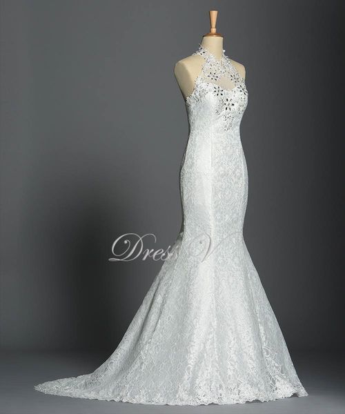 

Sexy Mermaid Lace Wedding Dresses 2019 Newest Sheer Halter Neck Applique Crystal Bride Dress Court Train Bridal Gowns Cheap Custom Made