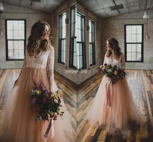 

new country wedding dresses with long sleeves lace blush tulle v-neck 2017 bohemia garden beach wedding plus size bridal wedding gowns cheap, White