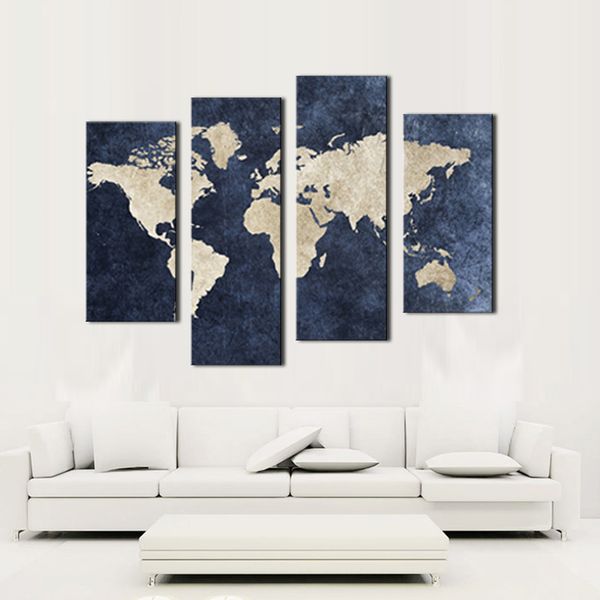 Acheter 4 Panneaux Carte Bleue Peinture Carte Du Monde Avec Mazarine Fond Image Imprimer Sur Toile Aucun Cadre Wall Art Pour La Maison Moderne