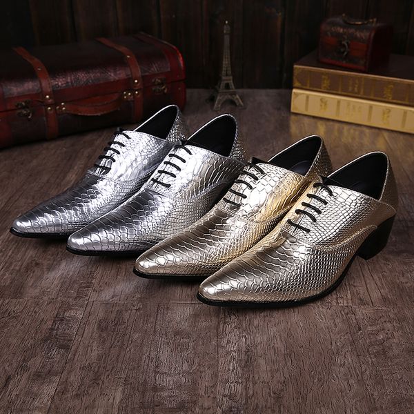 

Snake grain silver men's tie the laces that toe wedding shoes low heel dress shoes real leather Oxford business plus size men