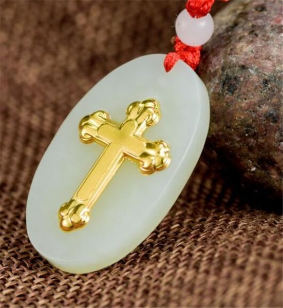 

gold inlaid jade christian cross talisman necklace pendant, Silver