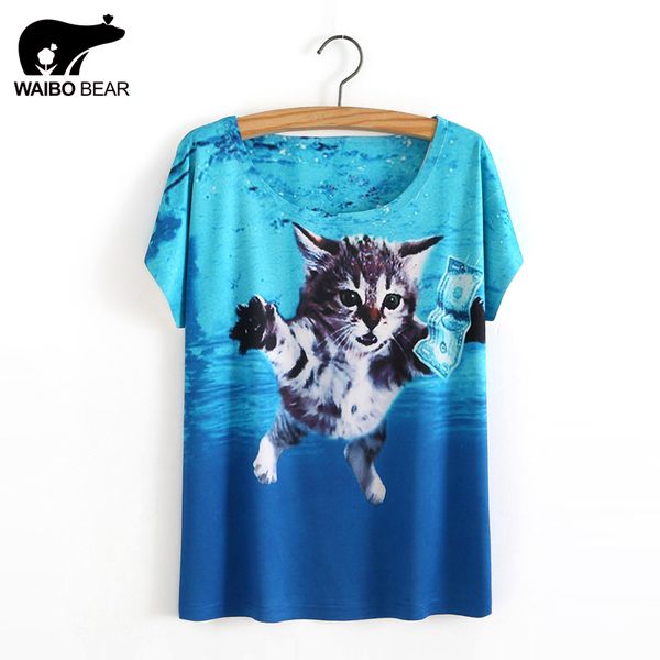 

wholesale- new casual summer women t shirts cat dog animal 3d print letter retro pattern funny female shirt short sleeve, White