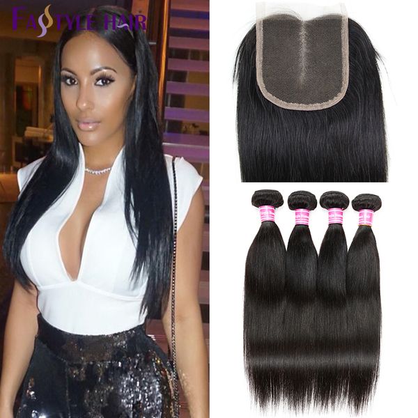 

new brazilian straight extension 4 bundles with swiss lace closure unprocessed peruvian malaysian indian virgin human hair wefts & closure, Black;brown