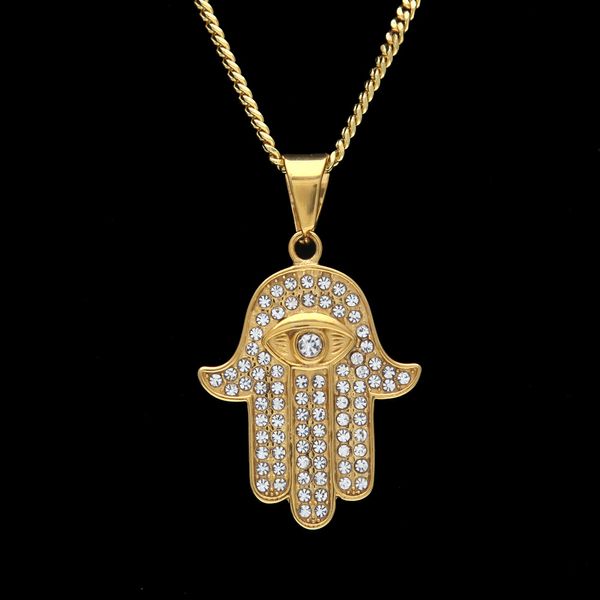 Edelstahl Goldfarbener Hamsa-Hand-Anhänger Iced Out Strass Hand der Fatima-Schmuck mit 3 mm 24 Zoll kubanischer Kette