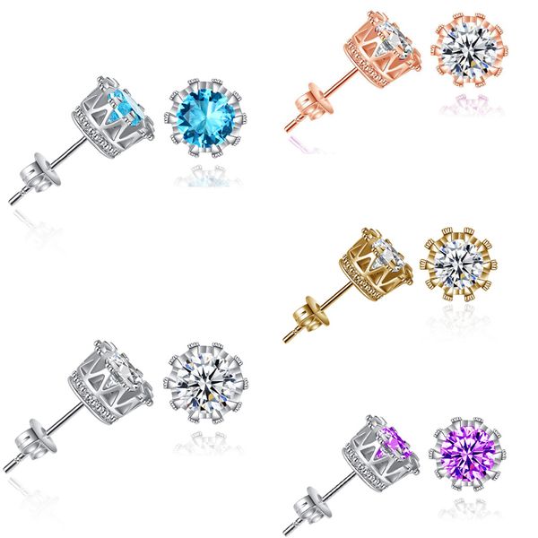 

fashion men women party 6mm round crown hollow zircon stud earrings crystal cubic 5 colors new, Golden;silver