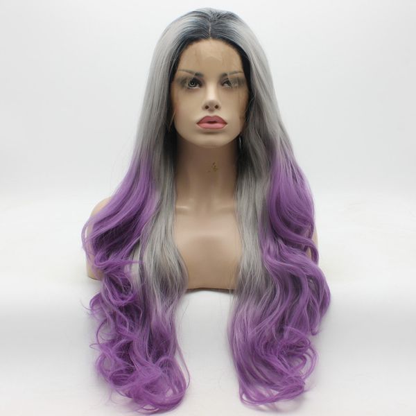 Iwona Peruca Dianteira Do Laço Do Cabelo Peruca Sintética Ondulado Longo 26 polegadas Raiz Escura Cinza Claro Roxo Ombre Peruca 12 # 1T0906 / 3700L Elegante Peruca