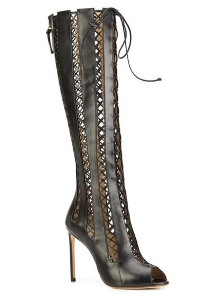 2017 neue kniehohe Gladiator-Stiefel für Damen mit dünnem Absatz, Stiefeletten, Peep-Toe-Lacklederstiefel, Ausschnitte für Damen, Party-Schuhe für den Winter