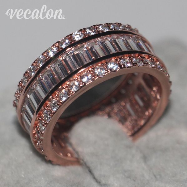 

vecalon women fashion jewelry ring 15ct simulated diamond cz rose gold 925 sterling silver engagement wedding band ring, Slivery;golden