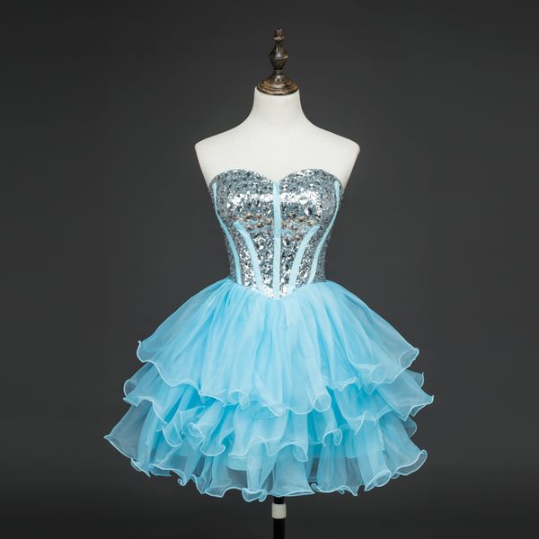 

beaded sweetheart organza short cocktail dress with ruffles sky blue 2017 elegant short prom dress real p, Black