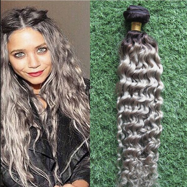 Two Tone Color 1b Grey Dark Root Ombre Deep Wave Hair Extensions Hot Sale Sliver Grey Ombre Wavy Human Hair Weave Weft Bundles Canada 2019 From