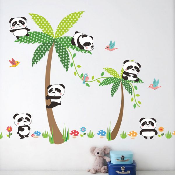 

custom babys wall stickers creative diy panda on coconut tree art mural cartoon decals kids room decor
