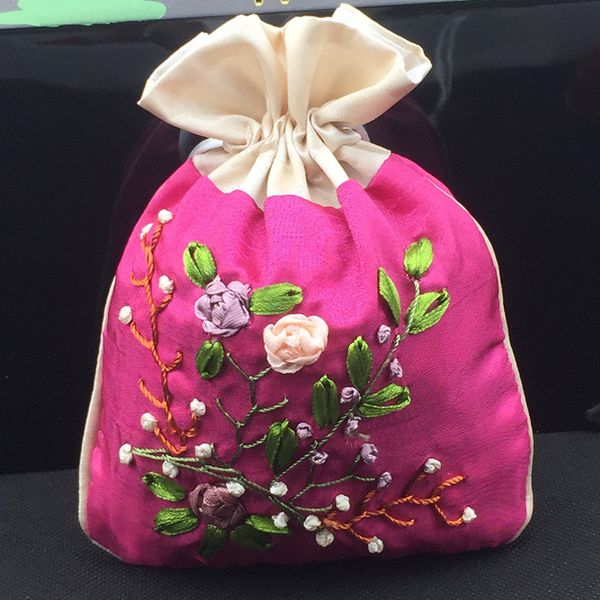 

handmade ribbon embroidery large gift bags patchwork jewellery pouches drawstring satin cosmetic packaging lavender perfume storage bag, Pink;blue