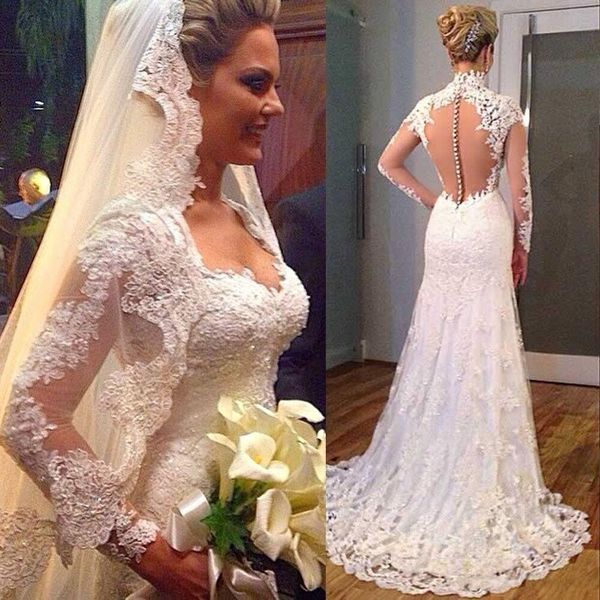 

vintage 2019 v neck full lace a line wedding long sleeves illusion back wedding dress bridal gown custom made cheap, White