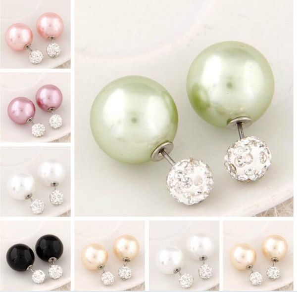 

Hot New Shining Full Crystal Double Sides Pearl Stud Earrings pearl Double Ball Beads Women Earrings Brincos Wedding Jewelry accessories