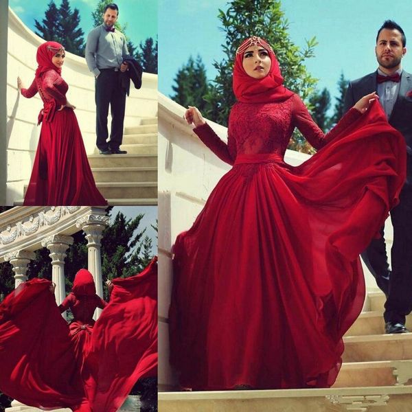

2019 red muslim a line evening dresses long sleeve lace applique arab prom dress sweep train chiffon dubai party evening gowns, Black;red