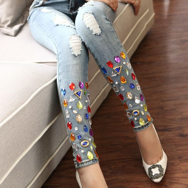 

New spring women's sparkling diamond jeans with hole handmade rhinestones women ripped denim jeans pants trousers