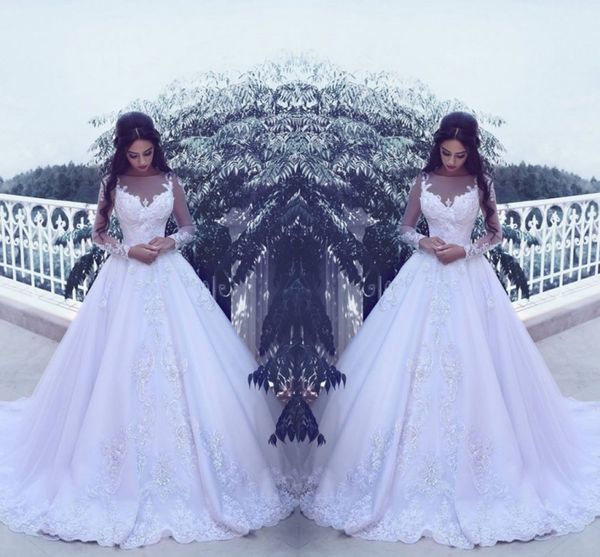 

said mhamad sheer neck lace applique wedding dresses 2017 illusion long sleeve a line bridal gowns sweep train custom made wedding vestidos, White