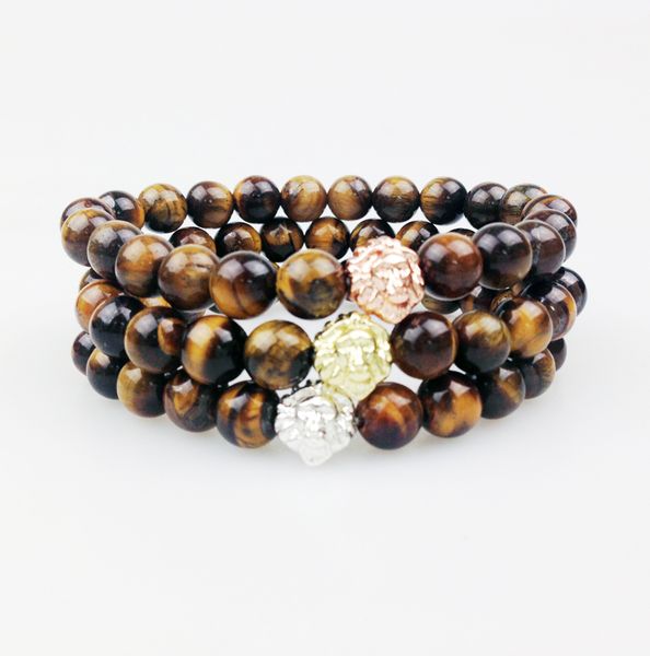 

sn0350 lastest men beaded bracelet tiger eye stone bracelet with lion head gold rose gold silver plated natural stone jewelry, Black