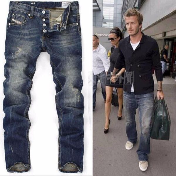 

high quanlity men famous brand blue denim designer ripped jeans for men classic retro david beckham