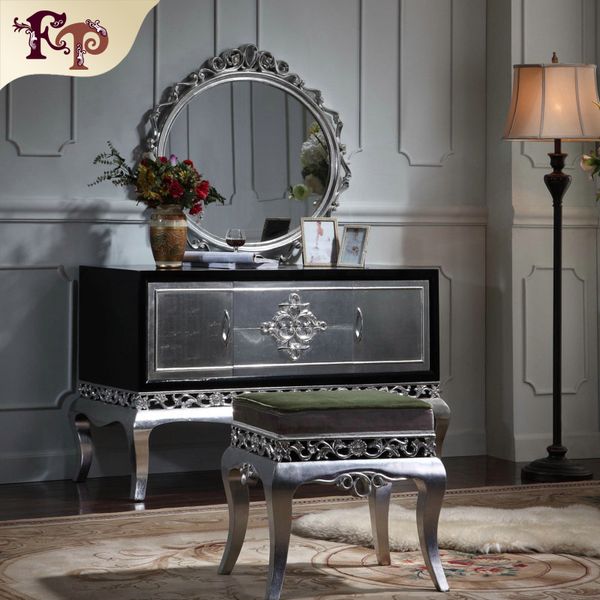 2019 Neoclassical Furniture Luxury French Royalty Classic Bedroom Furniture Set Cracking Paint Dressing Table And Mirror With Silver Leaf Gild From