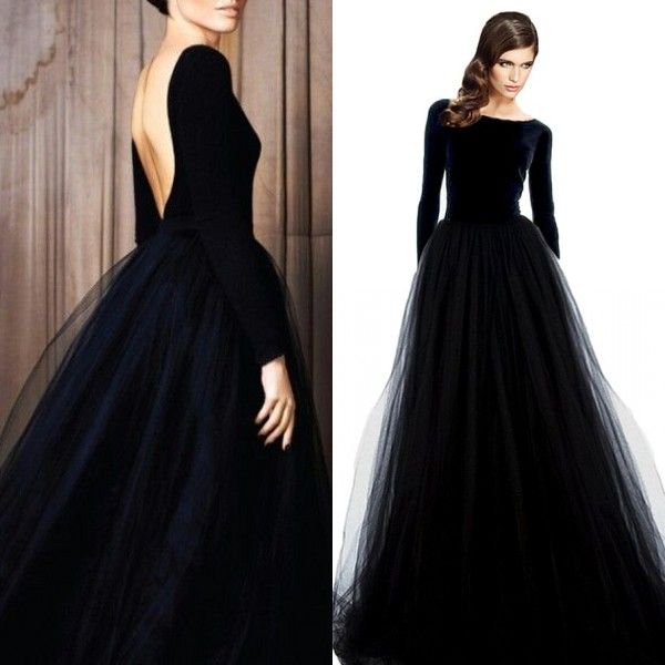 

stunning long sleeve evening gowns velvet dresses black prom party dress bateau neck open back tulle skirt floor length formal wear sleeves