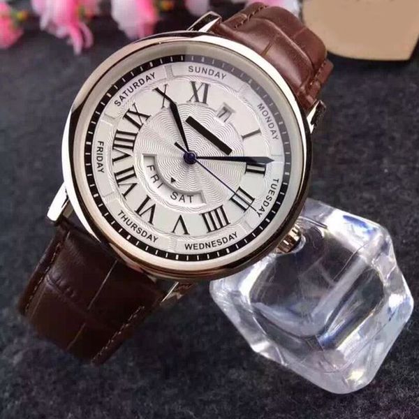 

luxury mens watches with calendar week brand designer fashion leather strap quartz wristwatch for men gift watch ing, Slivery;brown