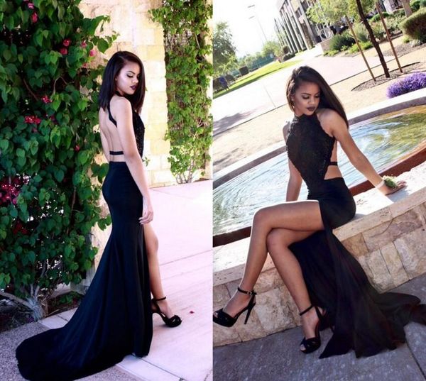 

2017 black halter satin split mermaid evening dresses 2016 lace beaded backless long prom dresses party dresses formal evening gowns, Black;red