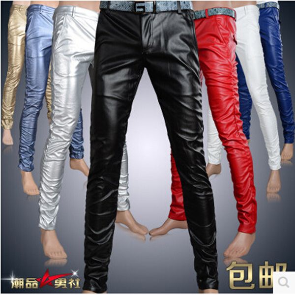 

Wholesale-6 Colors Leather Trousers Men 2016 Mens Pants Leather Fashion High Quality Skinny Motorcycle Mens Faux Leather Pants