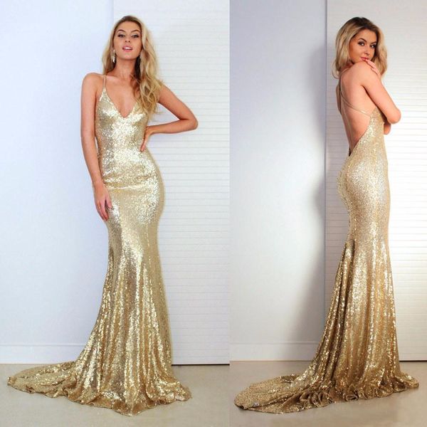 2020 Shiny Paillettes Glitter Prom Dresses Colore Oro Sexy Cinghie di Spaghetti Backless Corte Dei Treni Pary Abiti Custom Made Cina EN42010