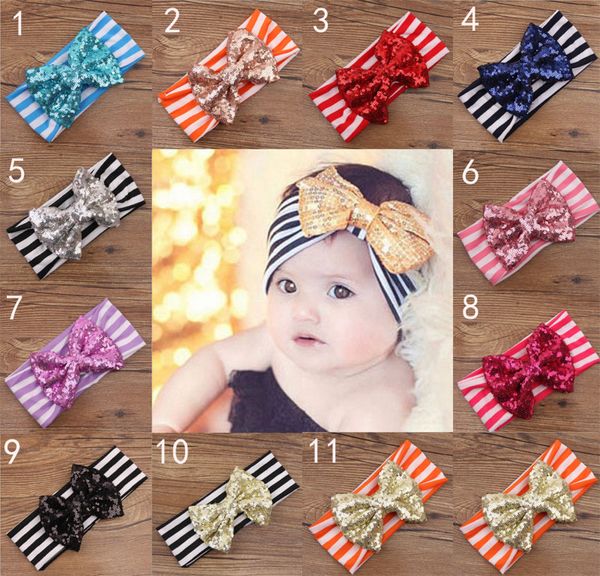 

11 девочек цвет новой моды bow нашивки повязка ребенок блестки бант оголовье девочки полосатого хлопок ободки ручной работа ребенок аксессуа, Slivery;white