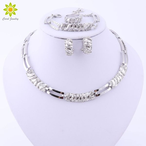 

elegant fashion silver plated jewelry sets austrian crystal african beads necklace earrings ring bracelet set for women, Slivery;golden