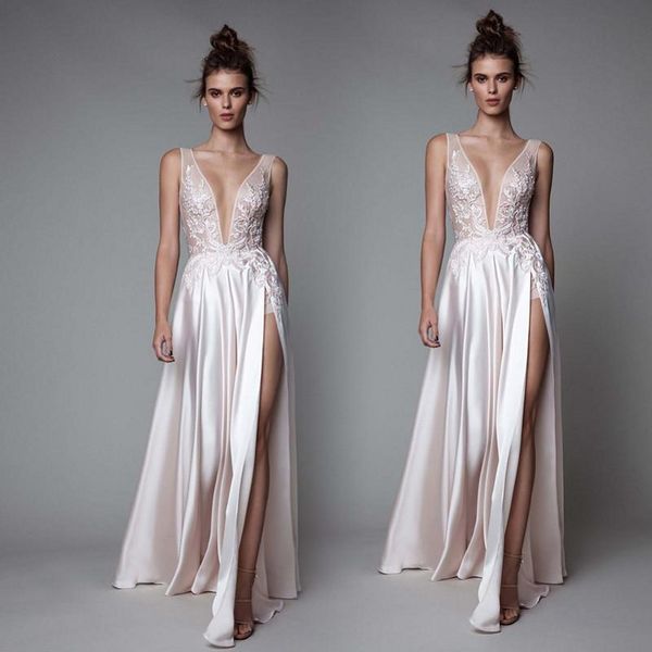 

2019 new berta evening dresses high side split deep v neck evening dresses wear backless floor satin formal party dresses 237, Black;red