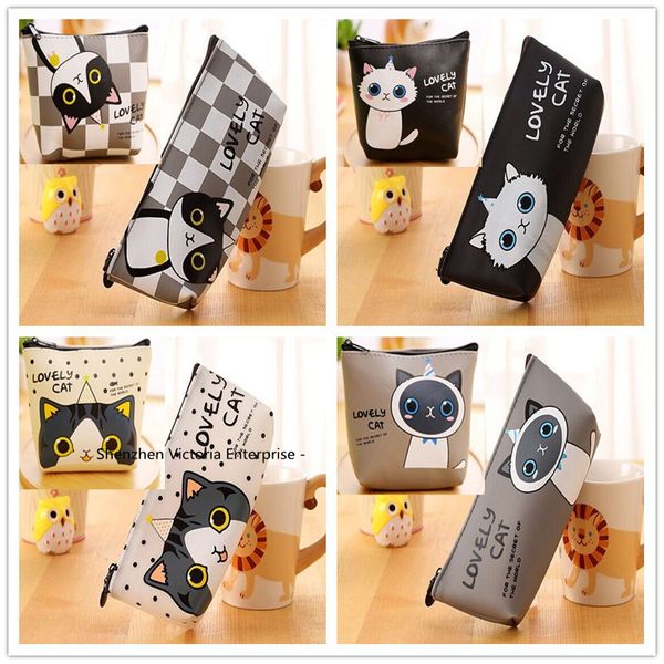 

wholesale- super cute 4sets , pu cats 10cm coin pencil purse wallet pouch bag + 11cm cat coin bag purse wallet pouch, Red;black