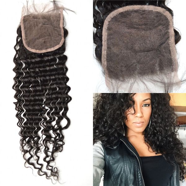 

4x4 closures malaysian human hair deep wave lace closure 8-22inch middle three part lauriej hair, Black;brown
