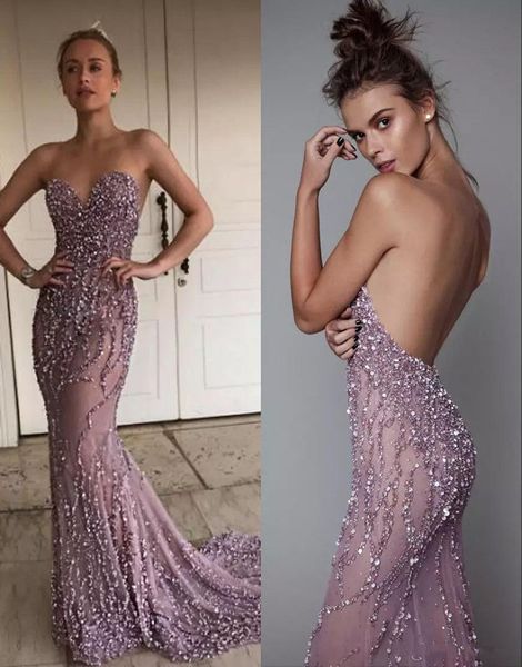 Berta di lusso abiti da sera arabi backless sweetheart in rilievo paillettes sirena prom dresses vedere attraverso abiti da festa formale