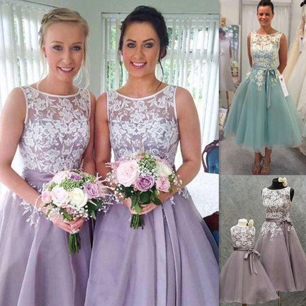 

tea length bridesmaid dresses 2018 lace appliques sheer bateau neck lavender organza wedding party gowns with sash ing, White;pink