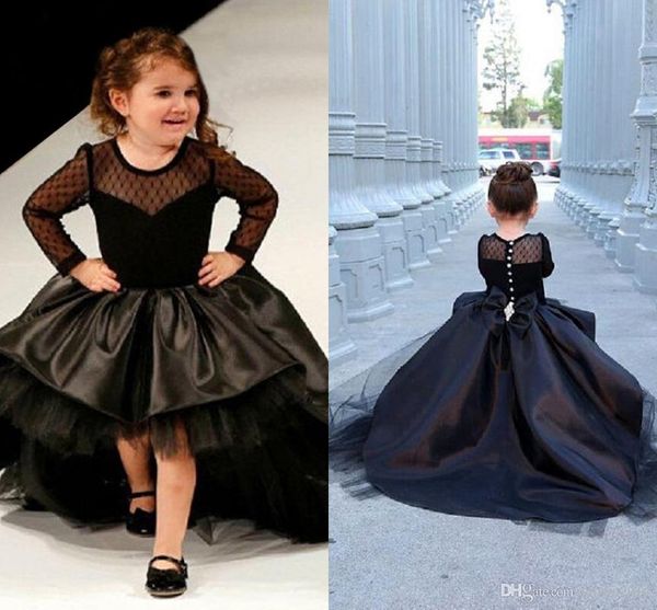 2022 Yeni Siyah Uzun Kollu Çiçek Kız Elbiseler Düğün için Bow Tül Mücevher Boyun Kabarık Boncuklu Yüksek Düşük Küçük Kızlar Pageant Resmi Elbise