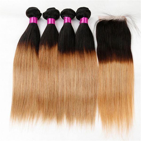 

malaysian virgin straight hair bundles with closure blonde lace closure with bundles ombre human hair lace closure, Black;brown